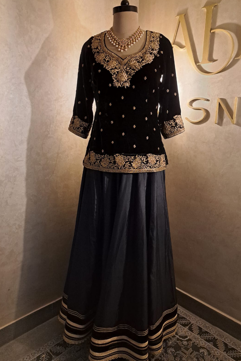 Velvet Embroidered Top With Silk Skirt