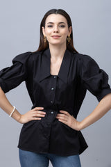 Notched Collar With Puff Sleeves