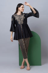 Black Silk Pleated Top With Brocade Pants