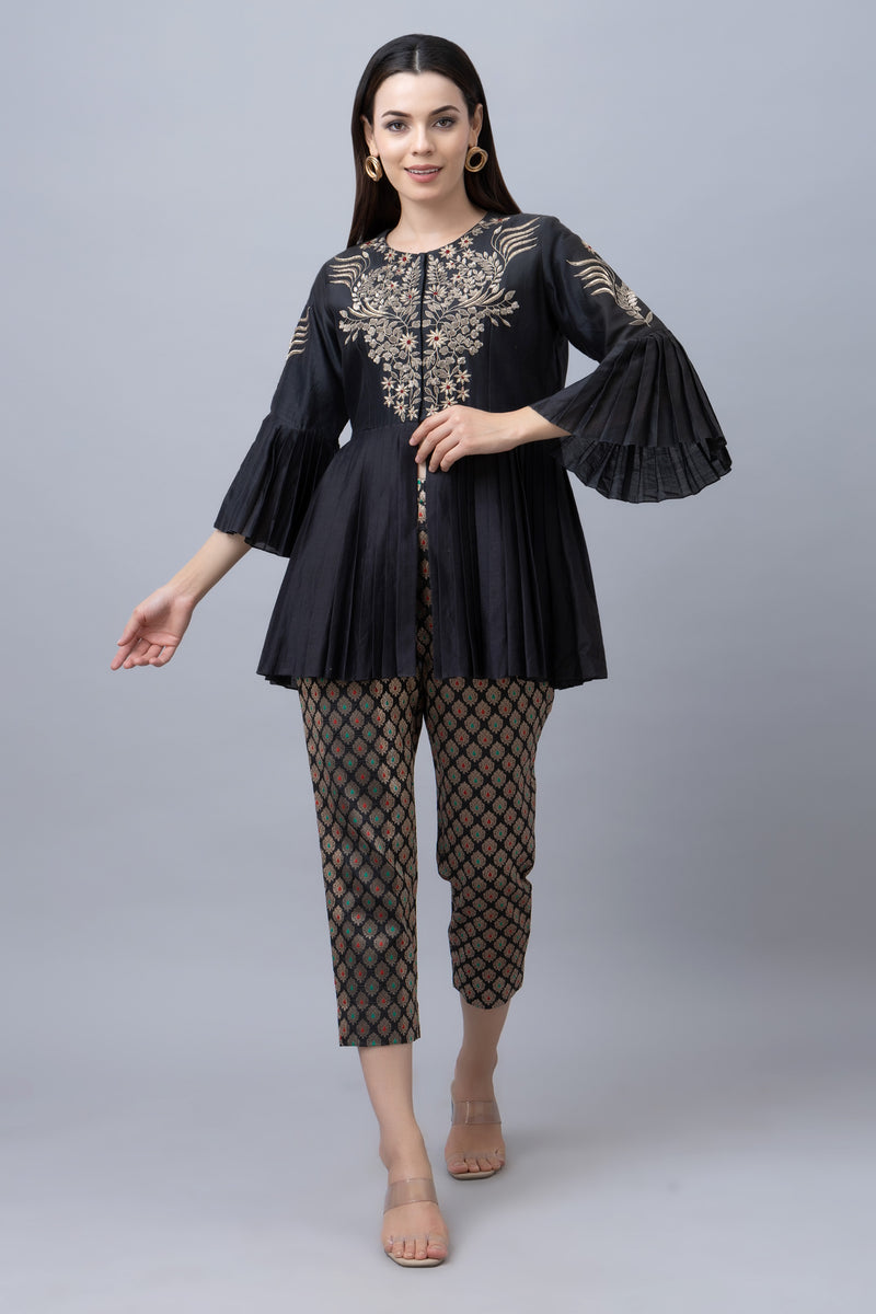 Black Silk Pleated Top With Brocade Pants