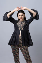 Black Silk Pleated Top With Brocade Pants