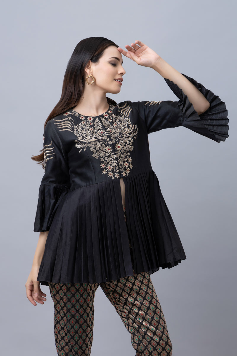 Black Silk Pleated Top With Brocade Pants