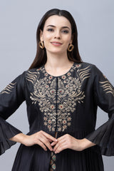 Black Silk Pleated Top With Brocade Pants