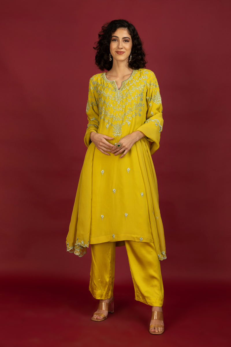 Yellow Embroidered Organza Kurta Set