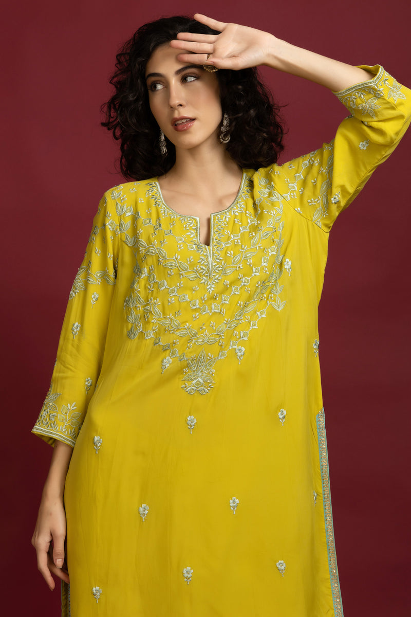 Yellow Embroidered Organza Kurta Set