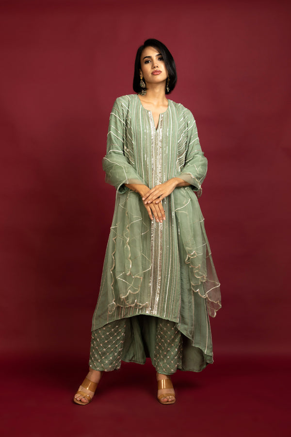 Hand Embroidered Organza High-Low Anarkali