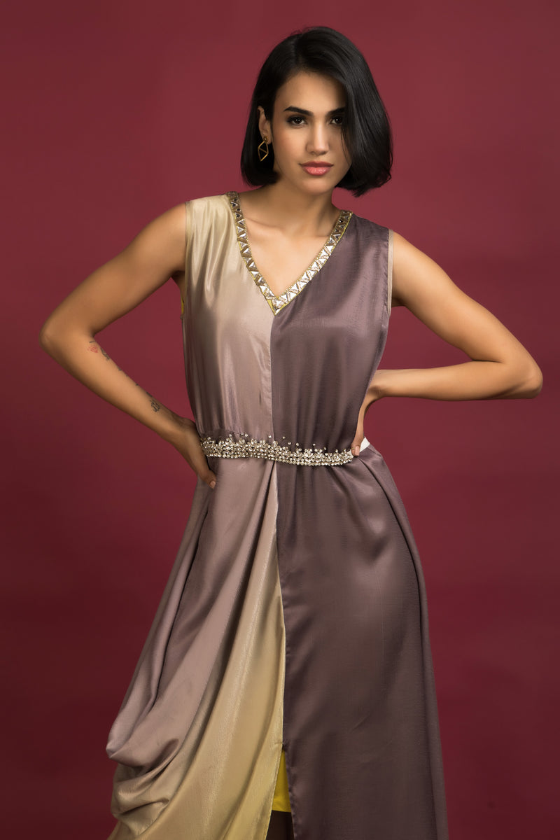 Ombre Satin Embroidered Drape Dress