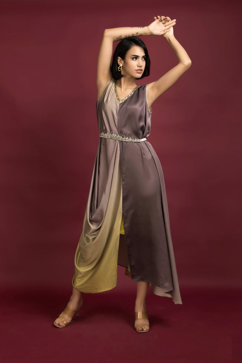 Ombre Satin Embroidered Drape Dress