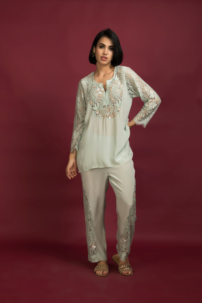 Soft Mint Chandelier Embroidered Crepe Set