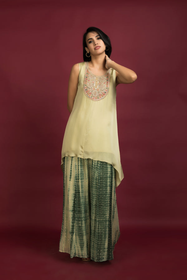 Embroidered Asymmetrical Tunic With Tie-Dye Plazo