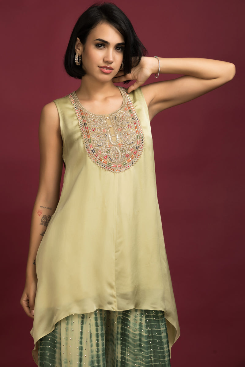 Embroidered Asymmetrical Tunic With Tie-Dye Plazo