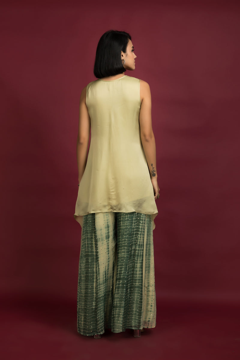 Embroidered Asymmetrical Tunic With Tie-Dye Plazo