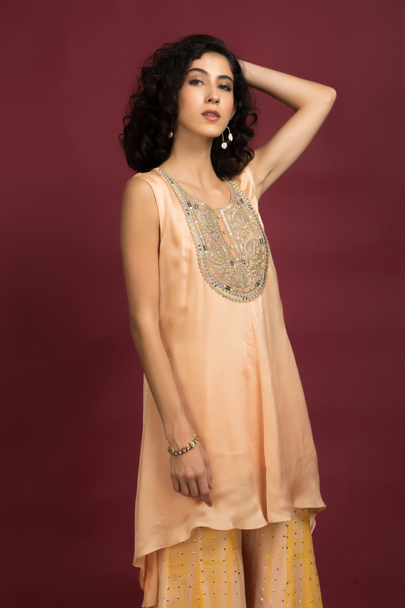 Embroidered Asymmetrical Tunic With Tie-Dye Plazo