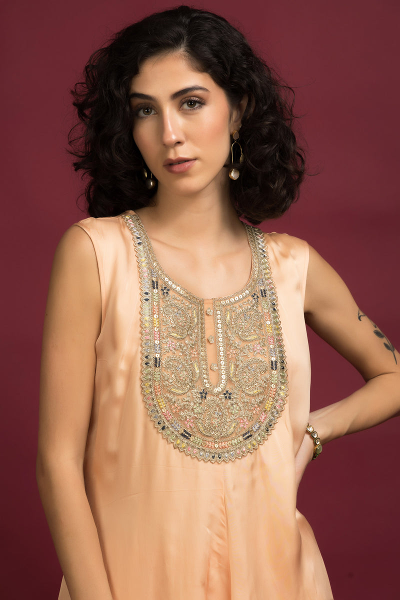 Embroidered Asymmetrical Tunic With Tie-Dye Plazo