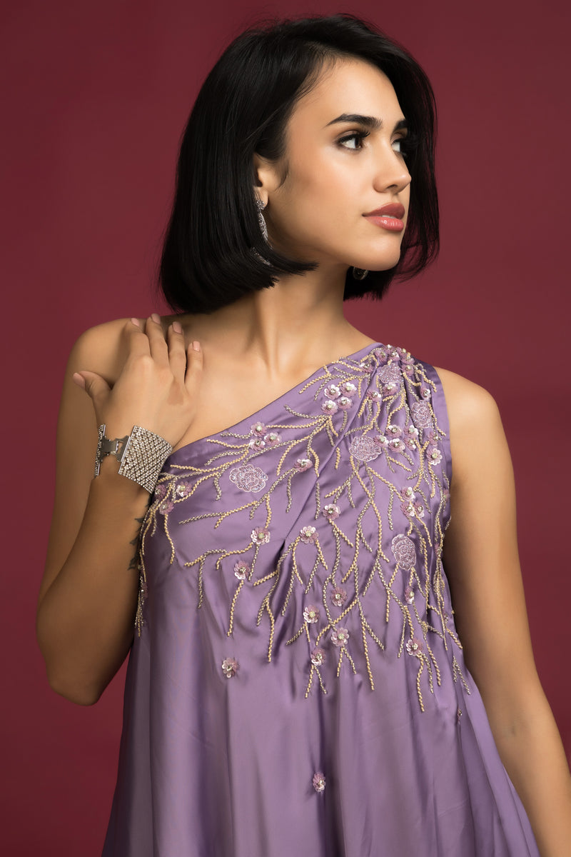 One Shoulder Embroidered Plazo Set