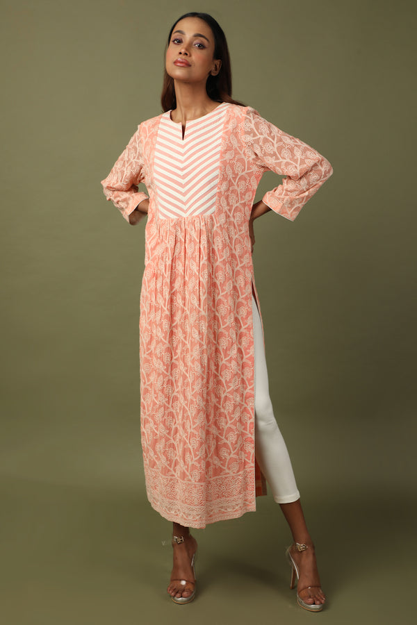 Peach yoke design patchwork tunic