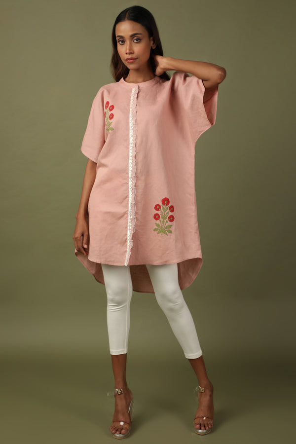 Rose Pink Linen Block Printed Tunic