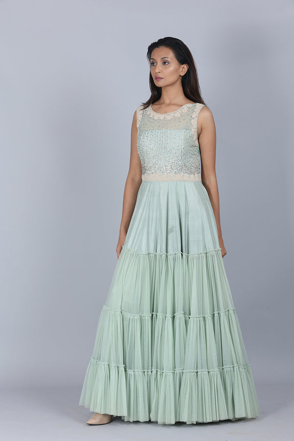 Full Length Layered Dress With Dori And Sequenced Embroidered Bodice