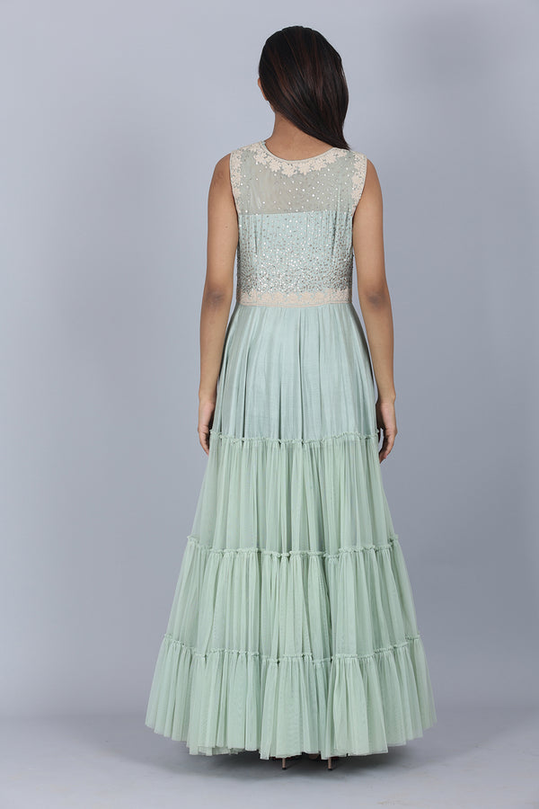 Full Length Layered Dress With Dori And Sequenced Embroidered Bodice