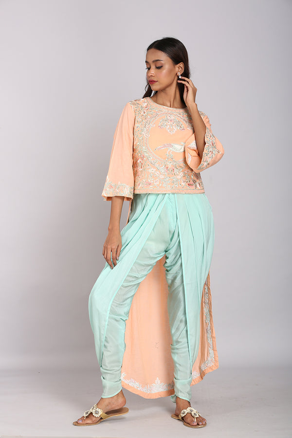 Peach asymmetrical embroidered co-ord set